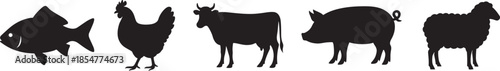 Farm animals and fish silhouettes set in black EPS vector style, clean isolated icons.