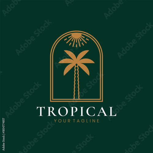 Elegant tropical palm tree logo design with sun