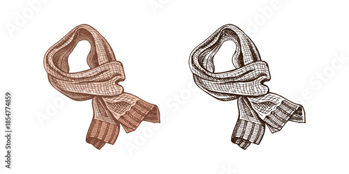 Hand drawn vintage sketch of woolen knitted scarf in color and monochrome version, vector fashion winter accessory