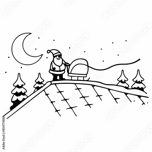 Christmas card with Santa Claus on swing and sleigh with birds and winter decorations