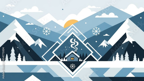 Snowy mountain landscape with cozy cabin and trees in winter wonderland scene with snowflakes