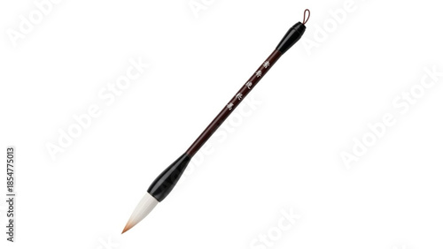 Chinese calligraphy brush with black handle and white ferrule on white background