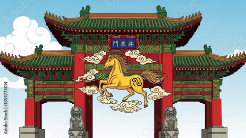 Golden horse jumping out of chinese temple gate with green roof and red pillars, surrounded