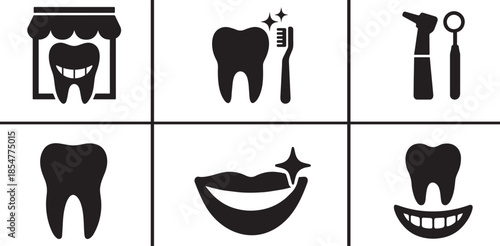 Silhouette tooth care and dental tool icon set in EPS format, clean medical symbols.