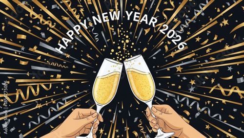 Hands holding champagne glasses toasting with gold confetti and stars on black background