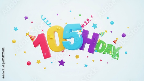 Colorful 105th day celebration with confetti and party hats on white background