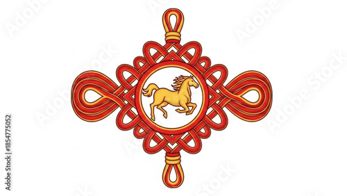 Golden horse in a red celtic knotwork design on white background