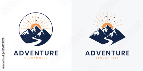 Outdoor adventure logo. Mountain peak and sunset badge