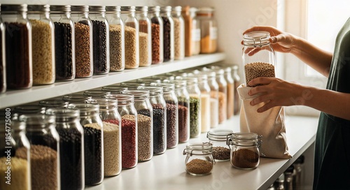 Woman Organizing Sustainable Zero Waste Pantry with Glass Jars and Bulk Grains for Plastic-Free Living