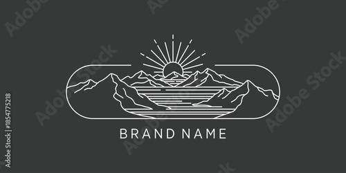 Minimalist line mountain and sunshine landscape logo
