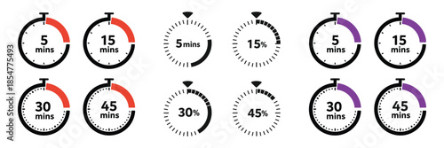 Set of Timer and Stopwatch Icons Showing Five Fifteen Thirty and Forty Five Minutes Intervals for Cooking Training and Deadline Tracking