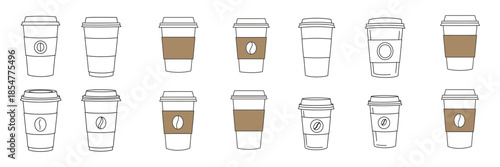 Takeaway Coffee Cup Icon Set with Paper Sleeves and Coffee Bean Branding