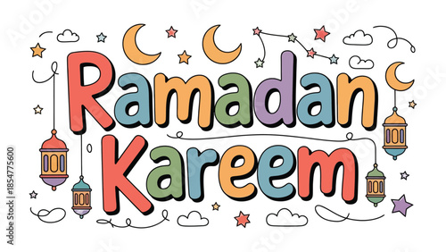 Ramadan Kareem Illustration: Festive and colorful illustration captures the spirit of Ramadan, decorated with crescent moons, stars, and lanterns. A visual representation of the holy month.
