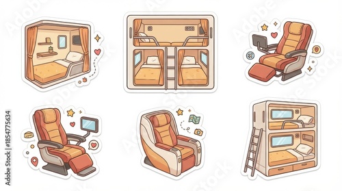 modern sleeper bus seat layouts sticker pack designed for greeting cards invitations and decor isolated on white background