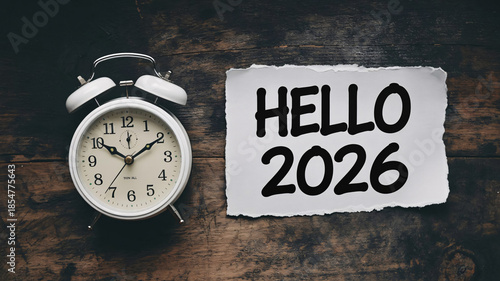 New year 2026 concept with alarm clock and greeting note