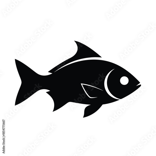 a simple black silhouette of a fish is prominently displayed against a stark white background illustrating aquatic life high quality