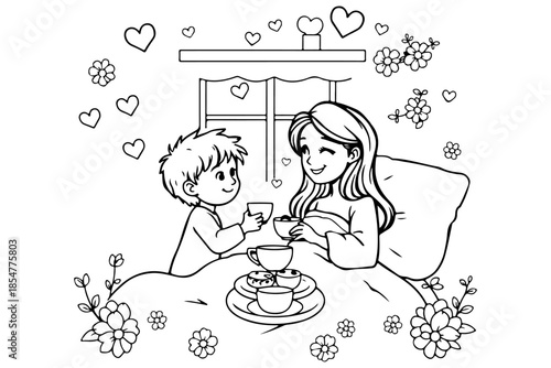 Delightful line art illustration of a loving couple enjoying a romantic breakfast in bed, adorned with playful hearts and blossoms, ideal for a heartfelt coloring activity
