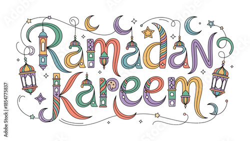 Ramadan Kareem: A vibrant and colorful illustration captures the spirit of Ramadan Kareem with beautifully designed letters, crescent moons, lanterns, and stars. Perfect for celebratory purposes.