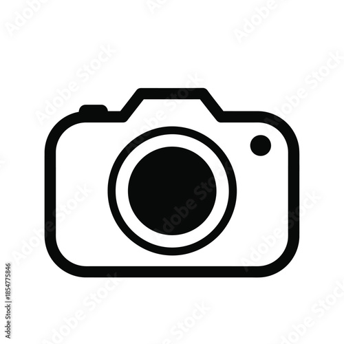 A simple black and white illustration depicts a classic camera design showcasing its lens viewfinder and overall form in a minimalist