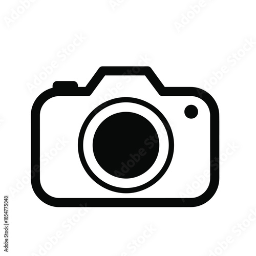 A simple black and white illustration depicts a classic camera design with a prominent lens and viewfinder signaling photography
