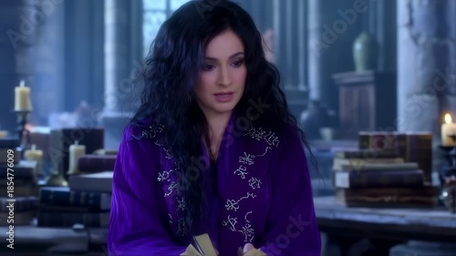 Mysterious woman reading an ancient book, surrounded by candlelight and old manuscripts