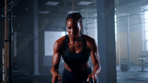 Intense workout of a muscular woman exercising with battle ropes at a modern fitness center