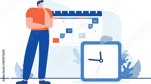 Man with clock and calendar - Working person in office doing time management and planning. Flat design cartoon vector illustration with white background