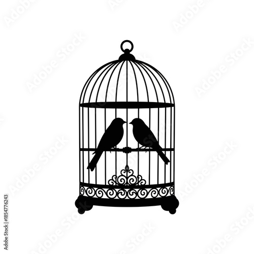 Two birds inside a vintage birdcage silhouette vector art