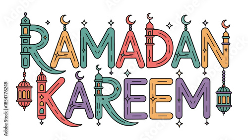 Ramadan Kareem Typography: A colorful and decorative typographic design spells out Ramadan Kareem, featuring traditional symbols of the holy month.