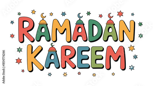 Ramadan Kareem: Vibrant Calligraphy Design: Celebrate the sacred month of Ramadan with this visually rich and symbolic design. The colorful text is adorned with traditional motifs and stars.