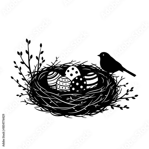 Bird sitting on nest with eggs silhouette for spring season