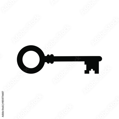 A simple illustration of a black antique key with a circular head and a traditional tooth design is presented