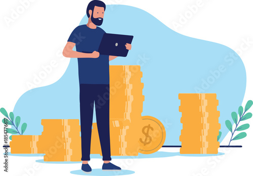 Man with computer and money - Male person using laptop making money and standing with big stack of coins. Developer and online income concept in flat design vector illustration with white background.