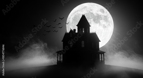 Spooky Night Silhouette: A silhouette of a house perched atop a hill, with the full moon providing a sense of mystery and eerie, dark aesthetic, evoking a feeling of suspense and the supernatural. 