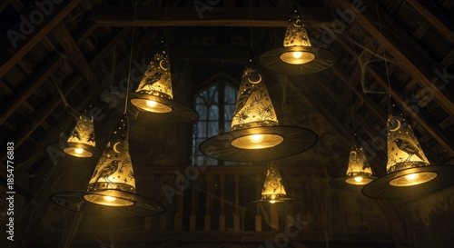 Magical Lamps in Dim Lit Hallway: Enchanting lamps adorn a dim hallway, casting an ethereal glow and creating an inviting atmosphere, a captivating scene perfect for storytelling and fantasy.
