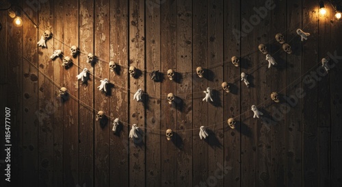 Cozy Decor on Rustic Wall: Soft lighting illuminates a wooden wall, adorned with delicate ornaments strung along a charming, warm inviting display. 