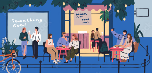 Cafe terrace in evening. People sitting in chairs, eating, relaxing at dining tables outside. Cozy bar, restaurant at night, couple and friends at leisure at urban street. Flat vector illustration