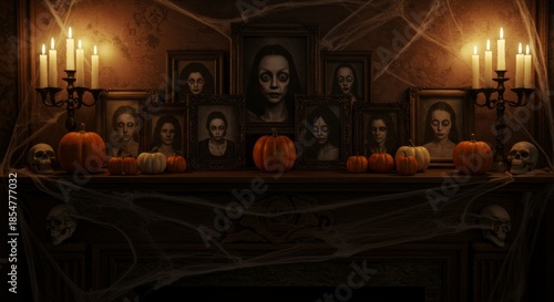 Eerie Halloween Display: An eerie Halloween display fills a room with a chilling atmosphere, featuring spooky portraits, lit candles, and carved pumpkins, all draped in a spider's web. 