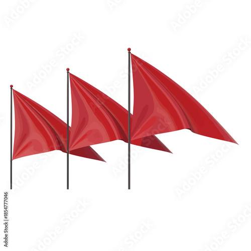 Three vibrant red triangular flags fluttering on dark poles against a pure white background