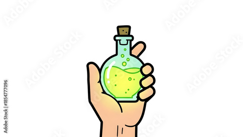 A human hand carefully holding a shimmering flask filled with a vibrant green liquid, magical elixir or a potent scientific solution with a mystical aura