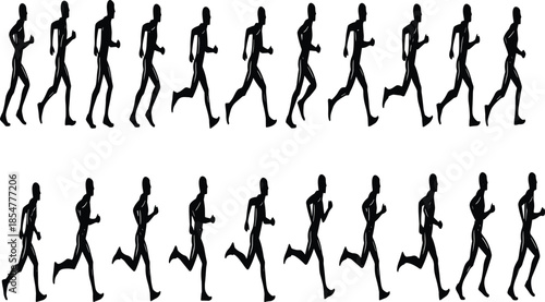 Collection of running human silhouettes showing continuous jogging motion sequence for fitness, animation reference, and sports graphic design