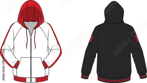 Technical fashion illustration of zip up hoodie jacket with hood front and back views color blocked design vector flats