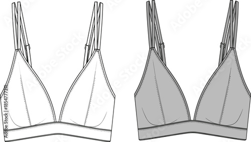Technical fashion illustration of women’s bralette bra with adjustable straps front views in line art and filled flats for apparel design