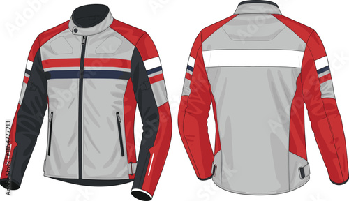Technical fashion illustration of motorcycle riding jacket with protective panels and color block design front and back views
