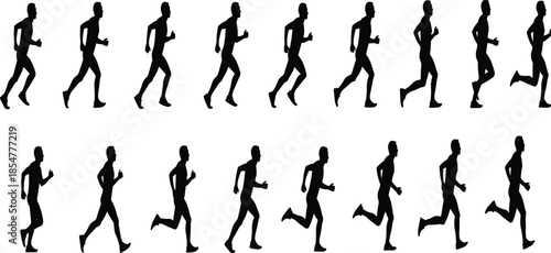 Set of running human silhouettes showing jogging and sprinting motion sequence icons for fitness training and sports design