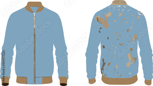 Flat vector illustration of zip up bomber jacket front and back views with splatter texture design for casual outerwear