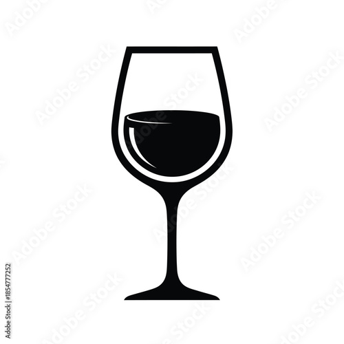 a simple black and white illustration depicts a classic wine glass partially filled with a dark liquid suggesting red wine or