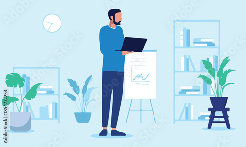 Man with laptop in office - One developer or IT worker standing alone holding computer in hands at work. Flat design vector illustration with blue background
