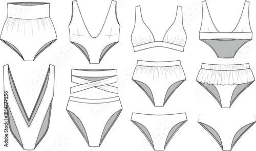 Technical fashion illustration of women’s bikini and swimsuit bottoms and tops set line art vector flats for swimwear design