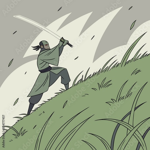 A anime scene of a man slashing a sword on a green hill - silhouette of a person in the mountains
